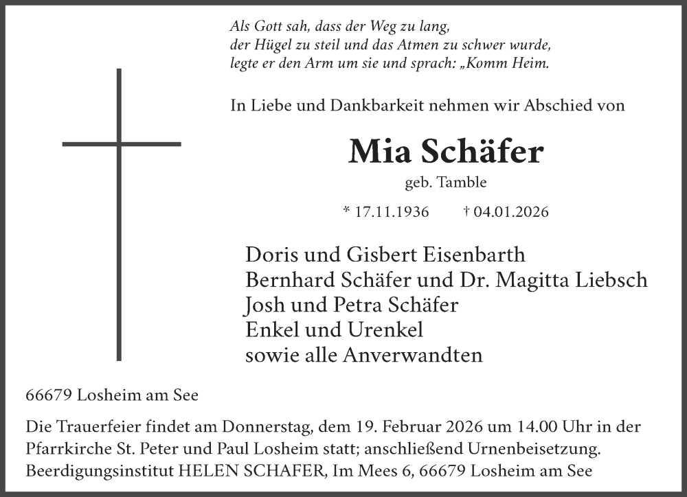  Traueranzeige für Mia Schäfer vom 04.02.2026 aus saarbruecker_zeitung