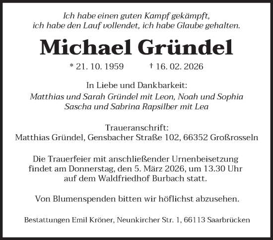 Traueranzeige von Michael Gründel von saarbruecker_zeitung