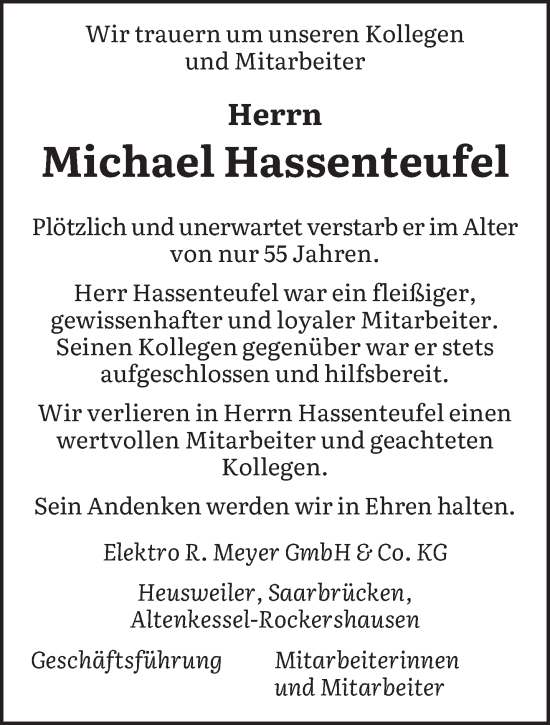 Traueranzeige von Michael Hassenteufel von saarbruecker_zeitung