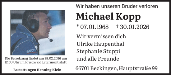 Traueranzeige von Michael Kopp von saarbruecker_zeitung
