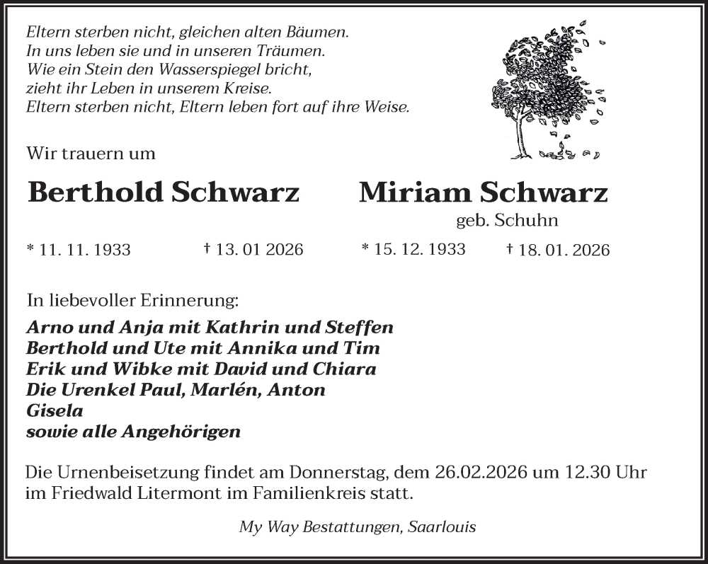  Traueranzeige für Miriam Schwarz vom 21.02.2026 aus saarbruecker_zeitung