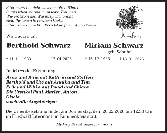 Traueranzeige von Miriam Schwarz von saarbruecker_zeitung