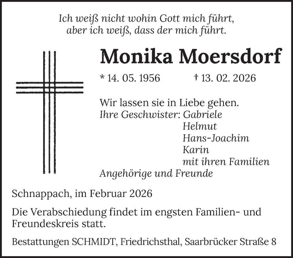  Traueranzeige für Monika Moersdorf vom 21.02.2026 aus saarbruecker_zeitung