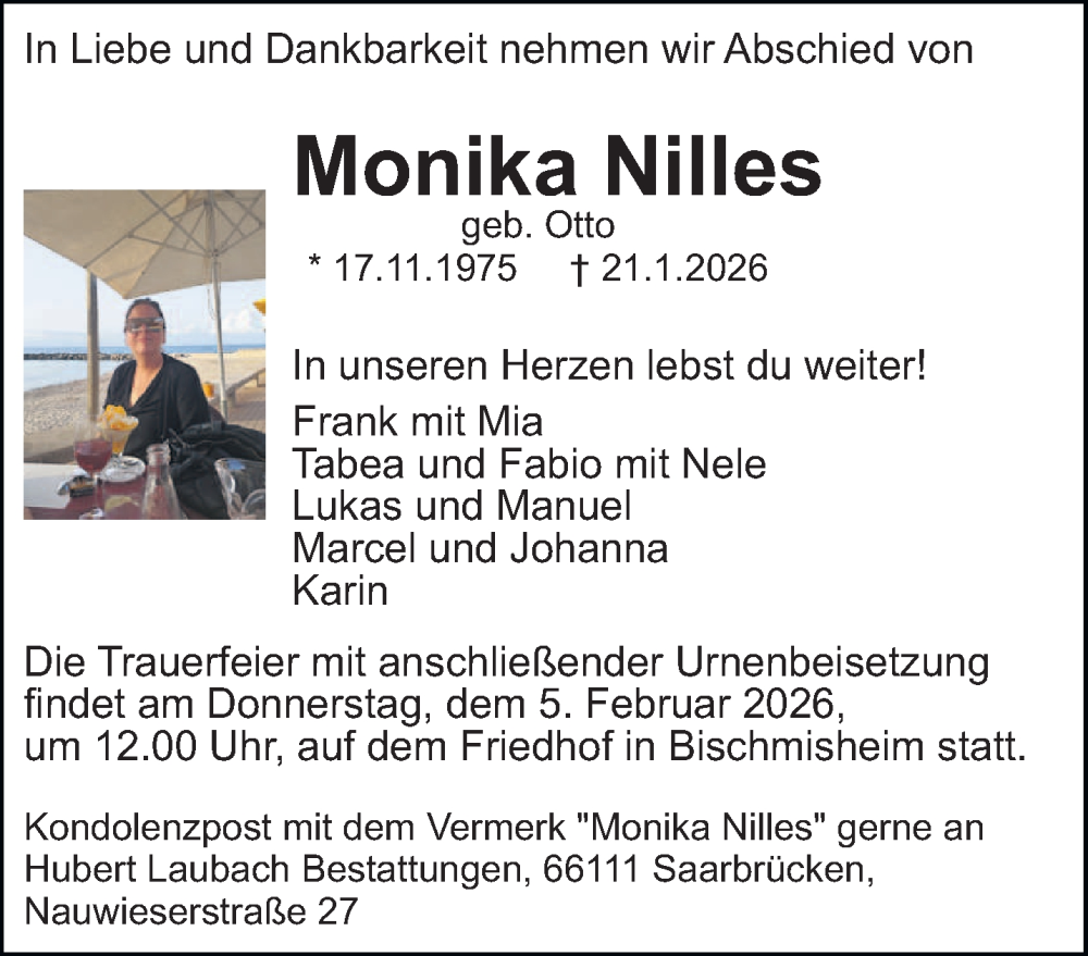  Traueranzeige für Monika Nilles vom 31.01.2026 aus saarbruecker_zeitung