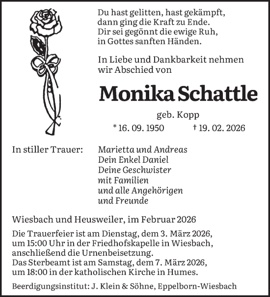 Traueranzeige von Monika Schattle von saarbruecker_zeitung