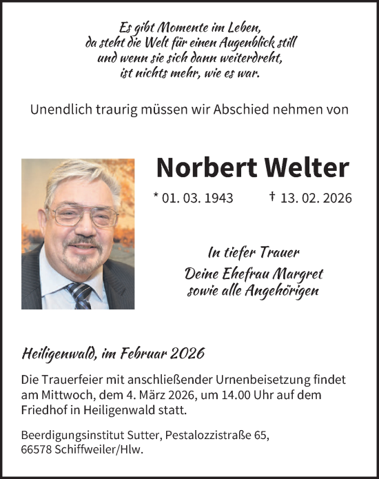 Traueranzeige von Norbert Welter von saarbruecker_zeitung