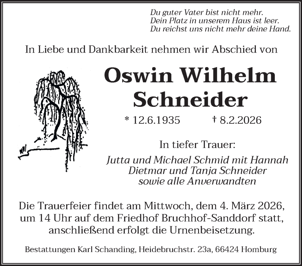  Traueranzeige für Oswin Wilhelm Schneider vom 21.02.2026 aus saarbruecker_zeitung