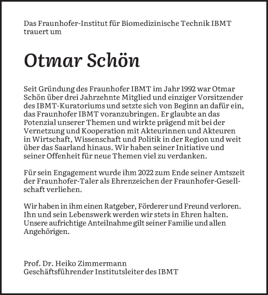 Traueranzeige von Otmar Schön von saarbruecker_zeitung