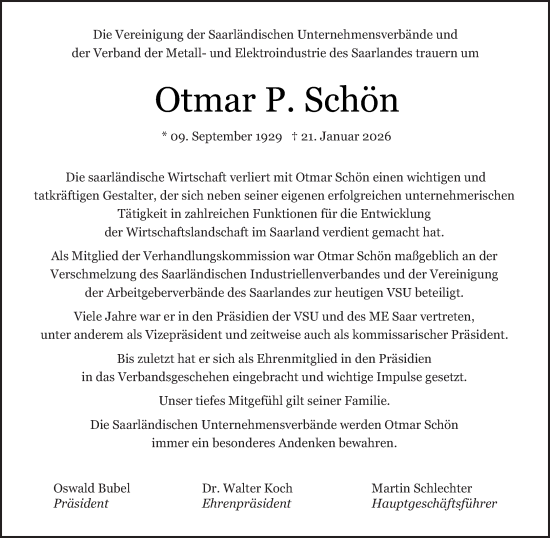 Traueranzeige von Otmar P. Schön von saarbruecker_zeitung