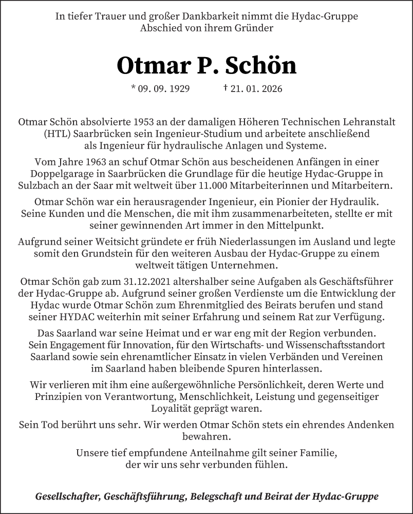  Traueranzeige für Otmar P. Schön vom 31.01.2026 aus saarbruecker_zeitung