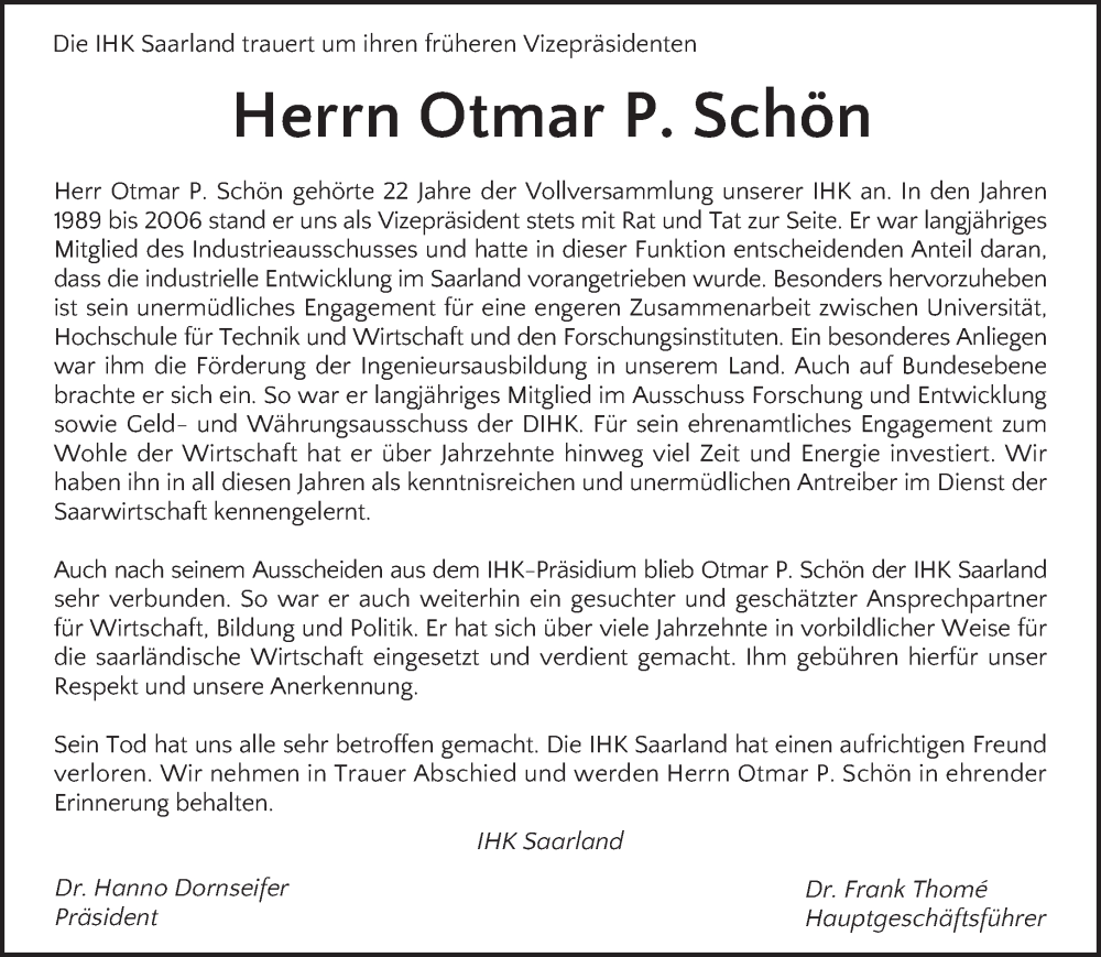  Traueranzeige für Otmar P. Schön vom 31.01.2026 aus saarbruecker_zeitung