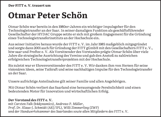 Traueranzeige von Otmar Peter Schön von saarbruecker_zeitung