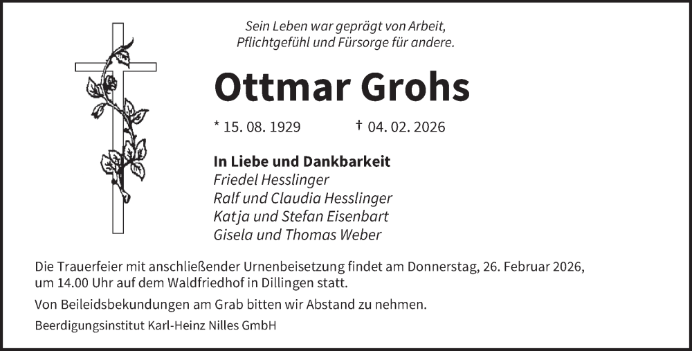  Traueranzeige für Ottmar Grohs vom 21.02.2026 aus saarbruecker_zeitung