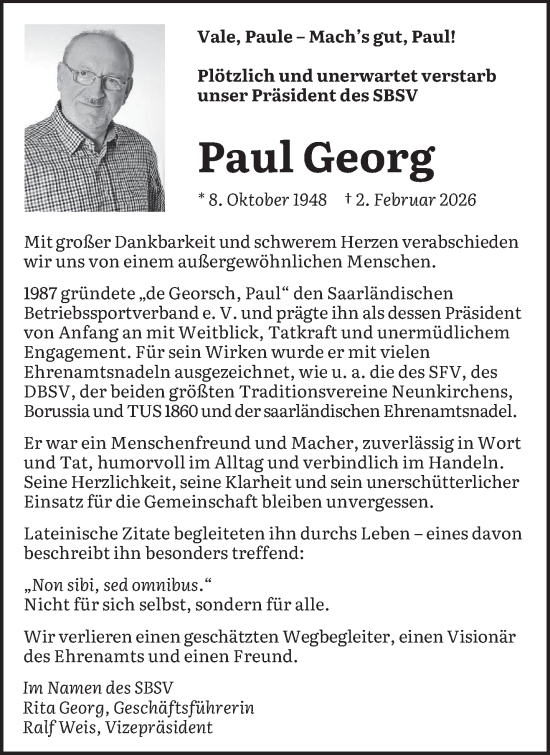 Traueranzeige von Paul Georg von saarbruecker_zeitung