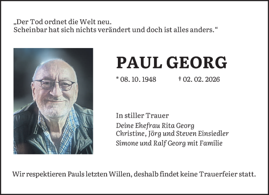 Traueranzeige von Paul Georg von saarbruecker_zeitung