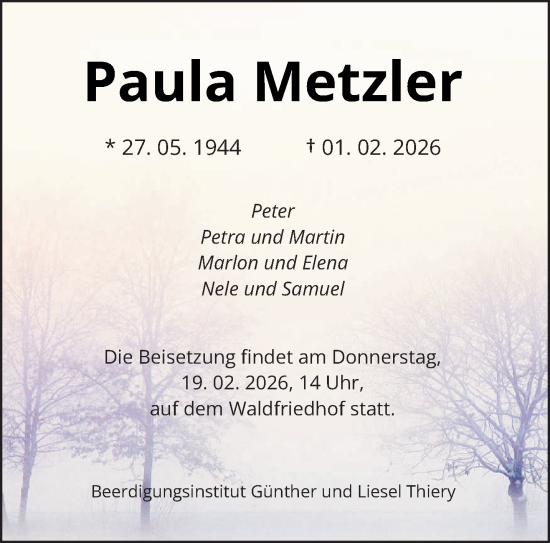 Traueranzeige von Paula Metzler von saarbruecker_zeitung