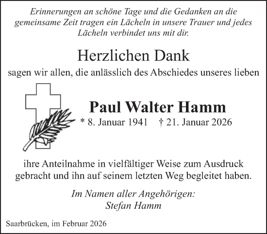 Traueranzeige von Paul Walter Hamm von saarbruecker_zeitung