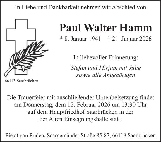Traueranzeige von Paul Walter Hamm von saarbruecker_zeitung