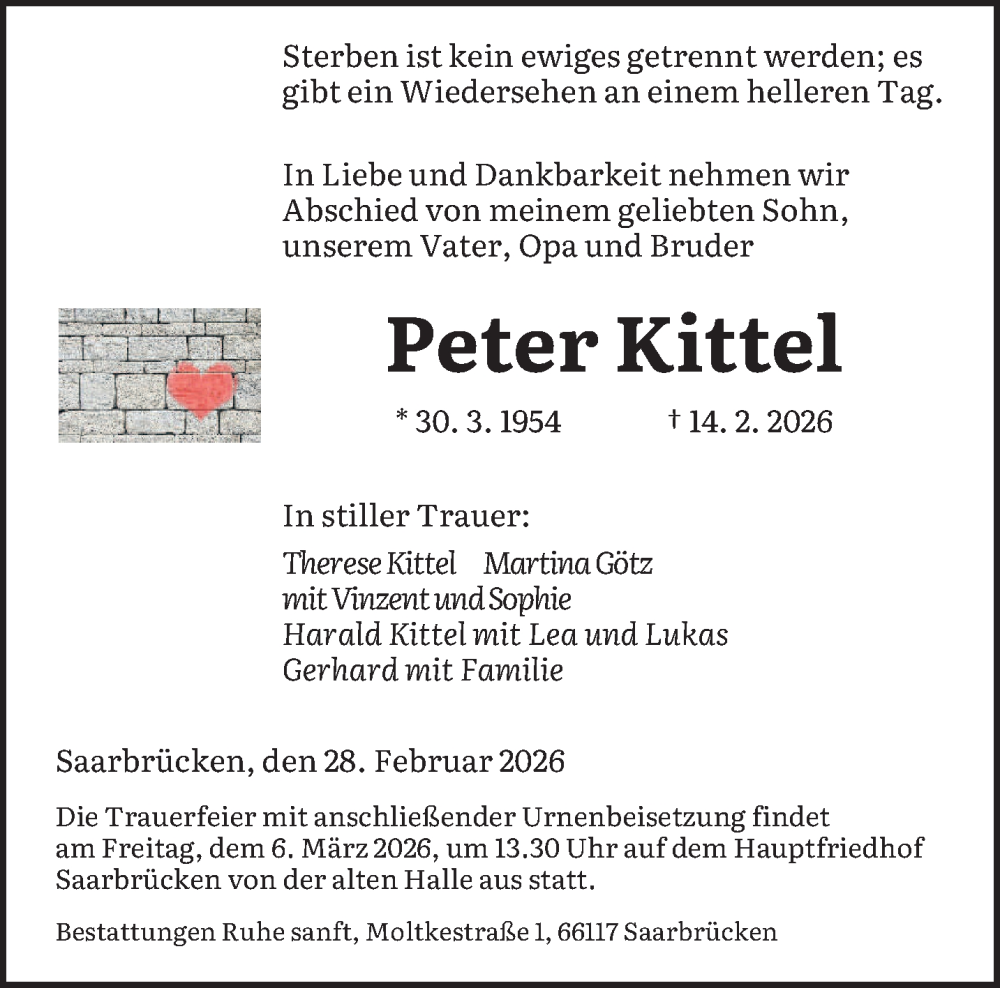  Traueranzeige für Peter Kittel vom 28.02.2026 aus saarbruecker_zeitung
