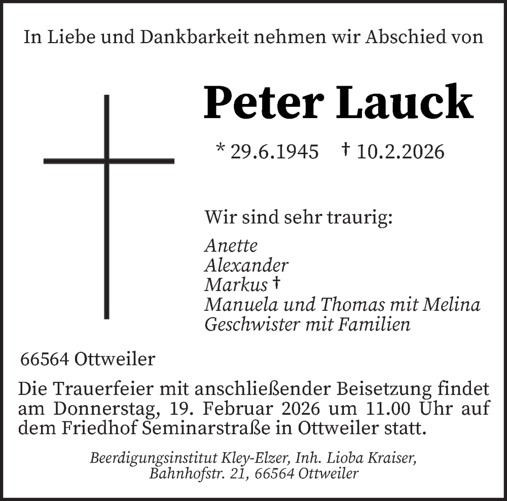  Traueranzeige für Peter Lauck vom 14.02.2026 aus saarbruecker_zeitung