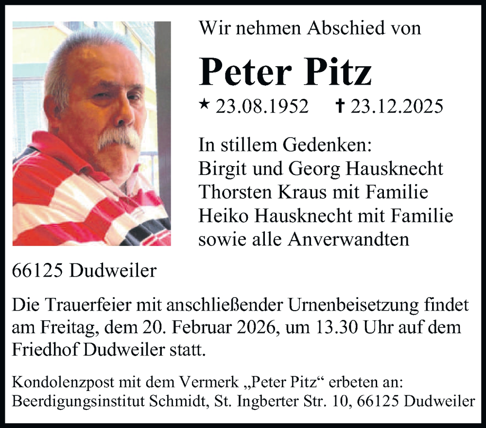  Traueranzeige für Peter Pitz vom 07.02.2026 aus saarbruecker_zeitung
