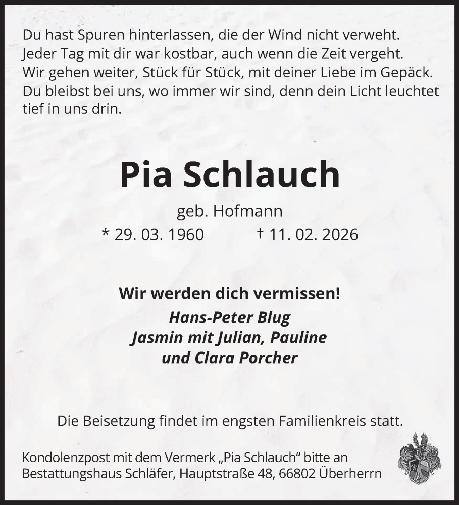  Traueranzeige für Pia Schlauch vom 28.02.2026 aus saarbruecker_zeitung