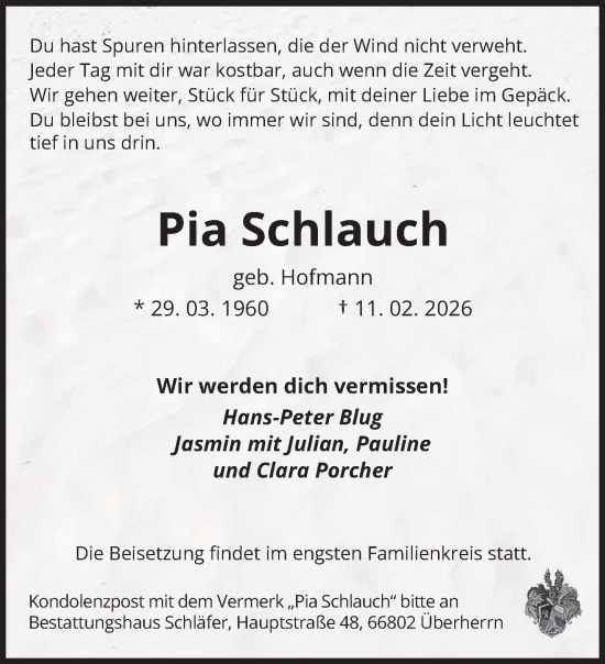 Traueranzeige von Pia Schlauch von saarbruecker_zeitung