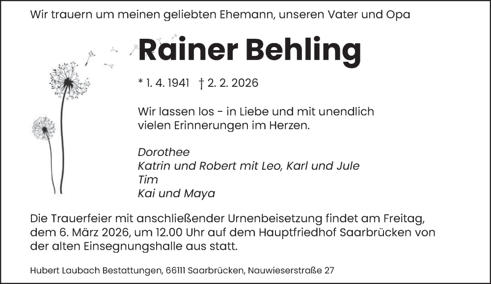  Traueranzeige für Rainer Behling vom 21.02.2026 aus saarbruecker_zeitung