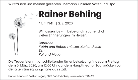 Traueranzeige von Rainer Behling von saarbruecker_zeitung