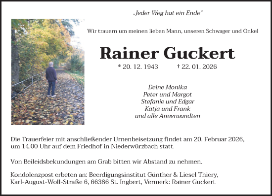Traueranzeige von Rainer Guckert von saarbruecker_zeitung