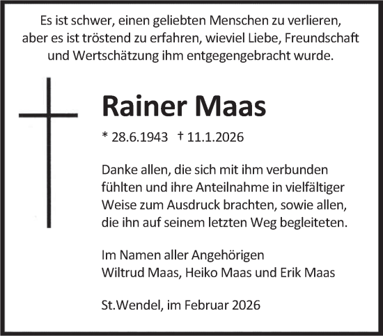 Traueranzeige von Rainer Maas von saarbruecker_zeitung