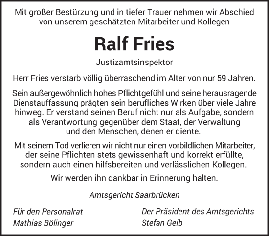 Traueranzeige von Ralf Fries von saarbruecker_zeitung