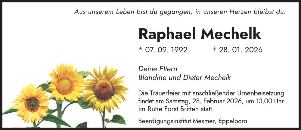  Traueranzeige für Raphael Mechelk vom 21.02.2026 aus saarbruecker_zeitung