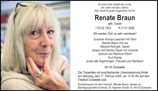 Traueranzeige von Renate Braun von saarbruecker_zeitung