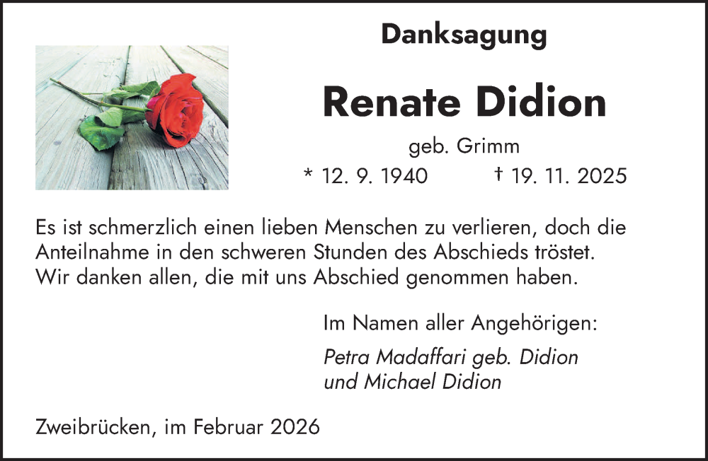  Traueranzeige für Renate Didion vom 07.02.2026 aus saarbruecker_zeitung