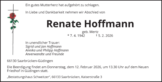 Traueranzeige von Renate Hoffmann von saarbruecker_zeitung