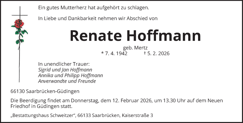 Traueranzeige für Renate Hoffmann vom 10.02.2026 aus saarbruecker_zeitung