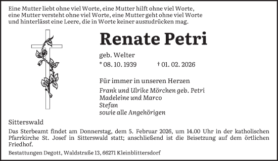 Traueranzeige von Renate Petri von saarbruecker_zeitung