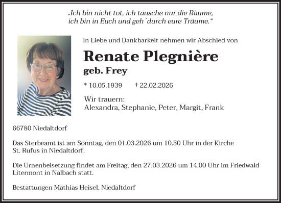 Traueranzeige von Renate Plegnière von saarbruecker_zeitung