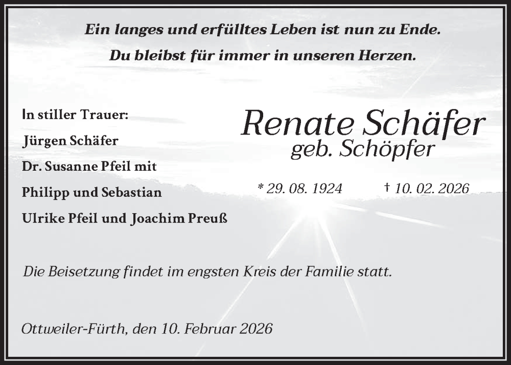  Traueranzeige für Renate Schäfer vom 14.02.2026 aus saarbruecker_zeitung