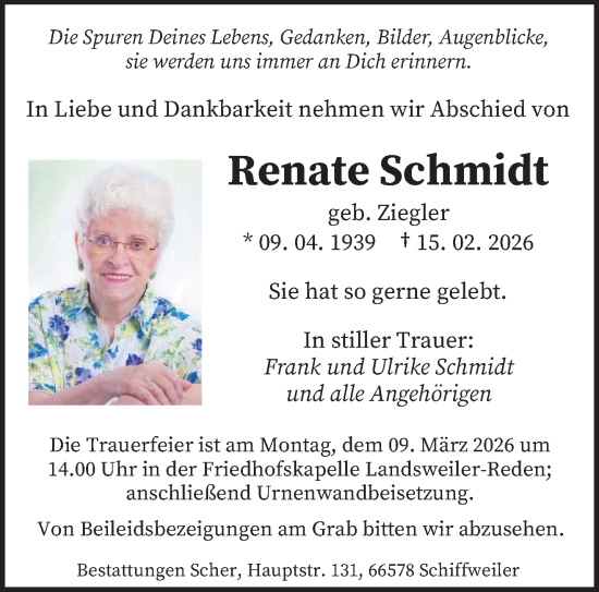 Traueranzeige von Renate Schmidt von saarbruecker_zeitung
