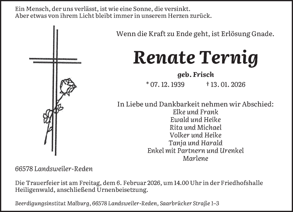  Traueranzeige für Renate Ternig vom 31.01.2026 aus saarbruecker_zeitung