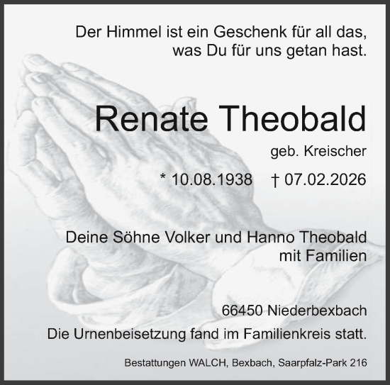 Traueranzeige von Renate Theobald von saarbruecker_zeitung