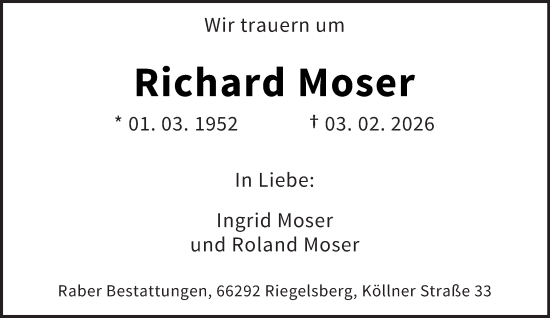 Traueranzeige von Richard Moser von saarbruecker_zeitung