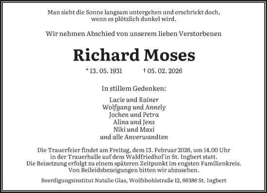 Traueranzeige von Richard Moses von saarbruecker_zeitung