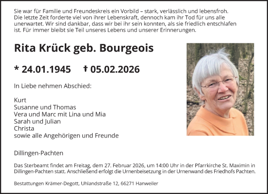Traueranzeige von Rita Krück von saarbruecker_zeitung