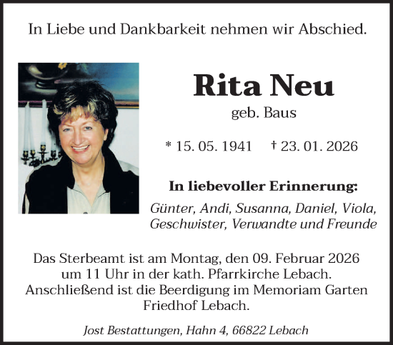 Traueranzeige von Rita Neu von saarbruecker_zeitung