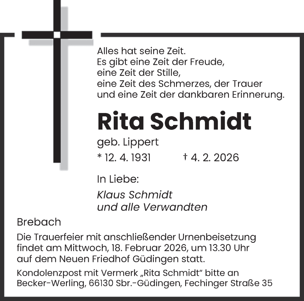  Traueranzeige für Rita Schmidt vom 14.02.2026 aus saarbruecker_zeitung