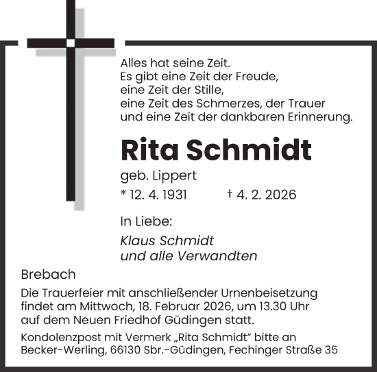 Traueranzeige von Rita Schmidt von saarbruecker_zeitung