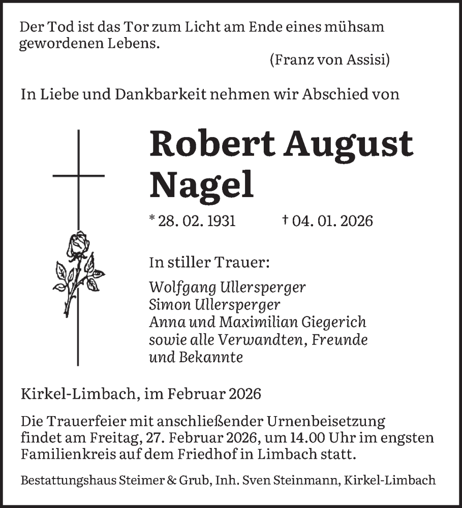  Traueranzeige für Robert August Nagel vom 19.02.2026 aus saarbruecker_zeitung